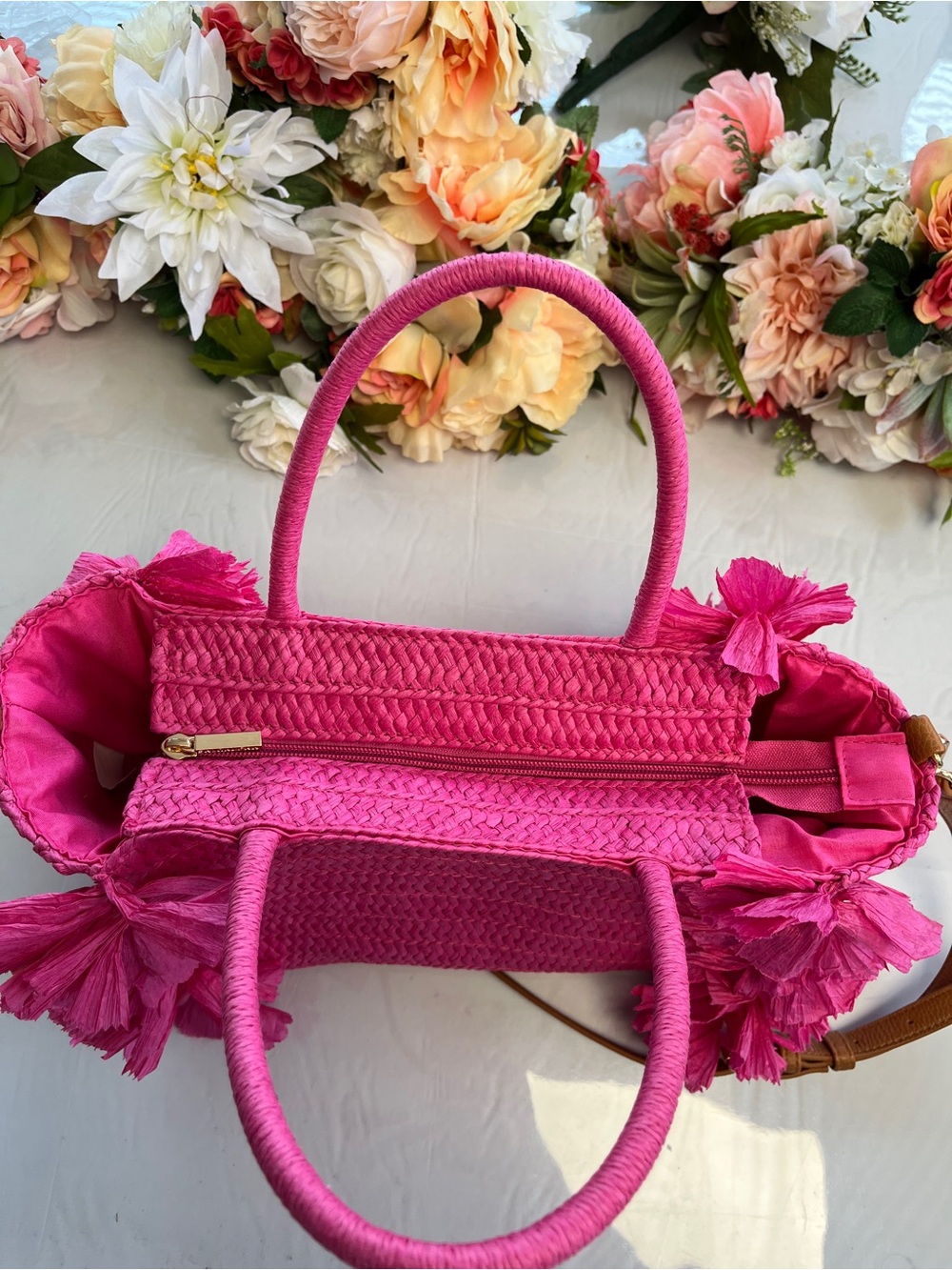 Shiraleah Chicago Pink Raffia Fringe Straw Tote Crossbody Bag - Picture 10 of 13